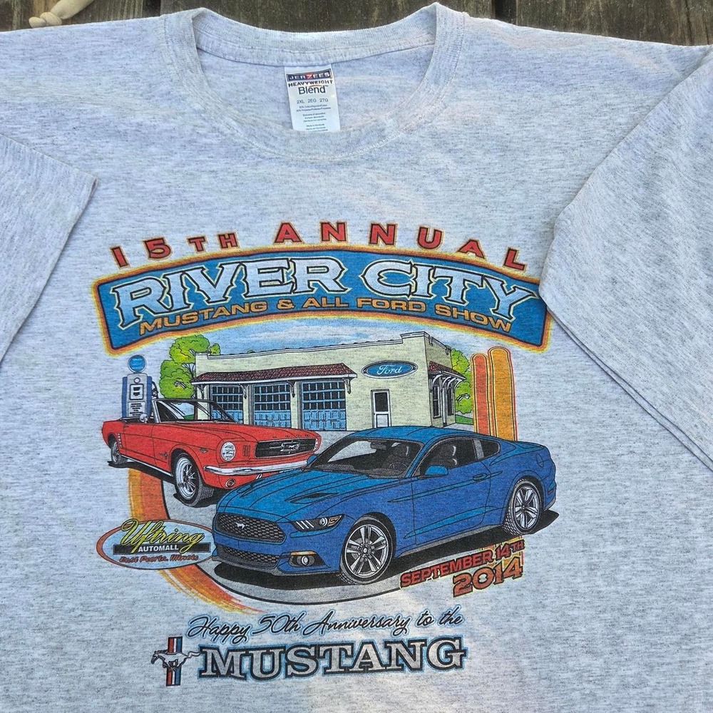 Jerzees Mens Vintage 2014 Mustang 50th Anniversary River City T-Shirt Grey 2XL